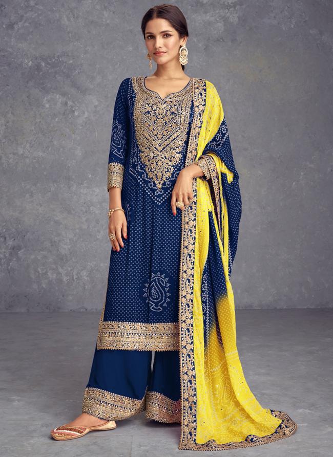 Chinnon Silk Navy Blue Traditional Wear Sequins Work Readymade Plazzo Suit