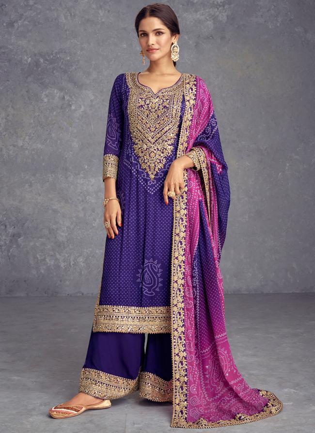 Chinnon Silk Purple Traditional Wear Sequins Work Readymade Plazzo Suit