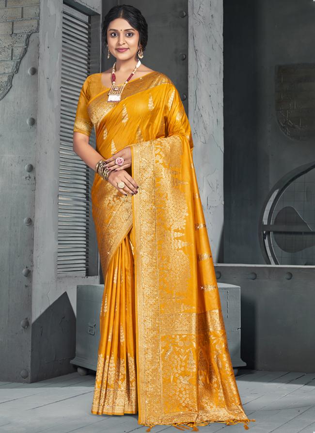 Silk Yellow Festival Wear Zari Work Saree