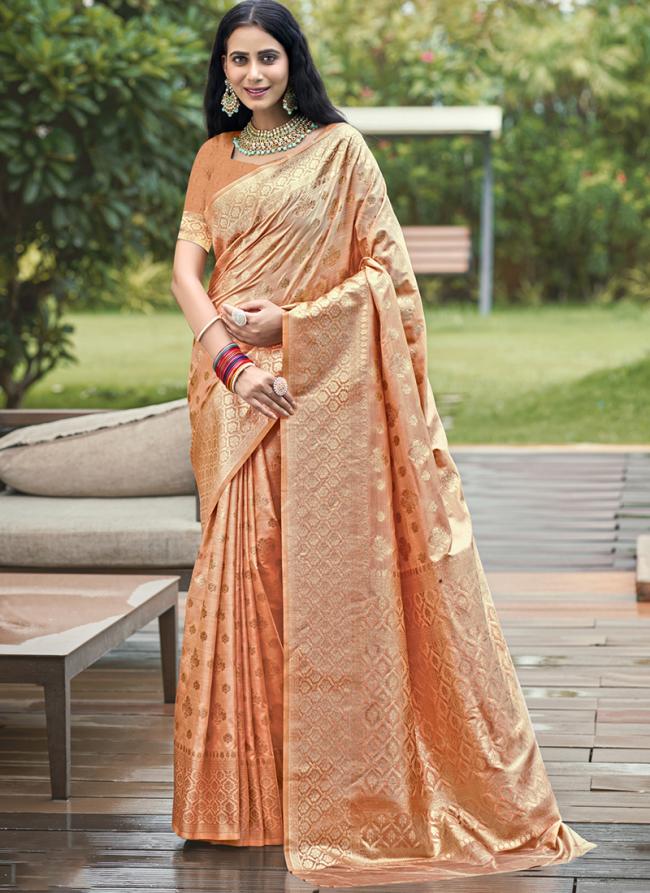 Silk Peach Festival Wear Weaving Saree