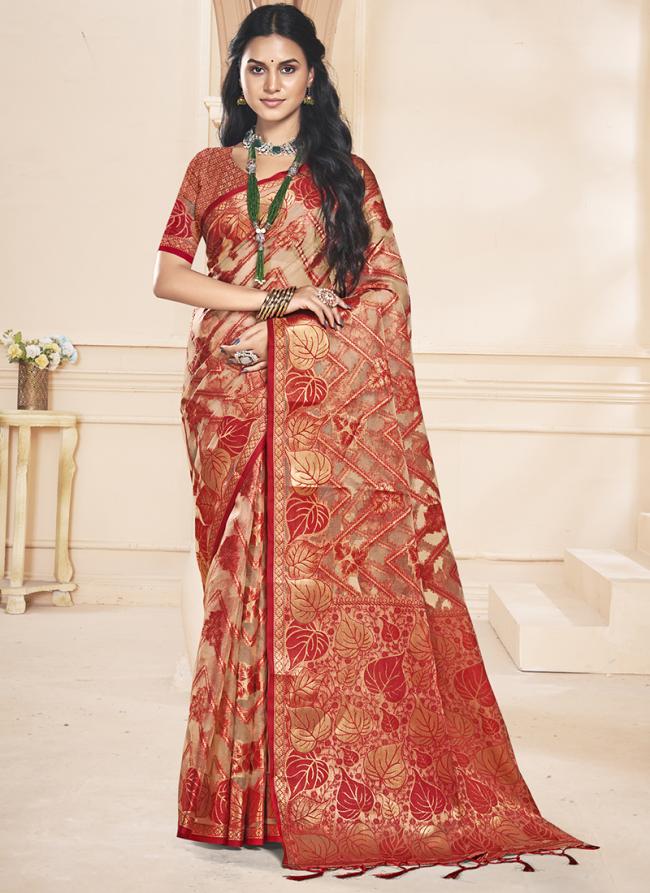 Organza Red Traditional Wear Weaving Saree