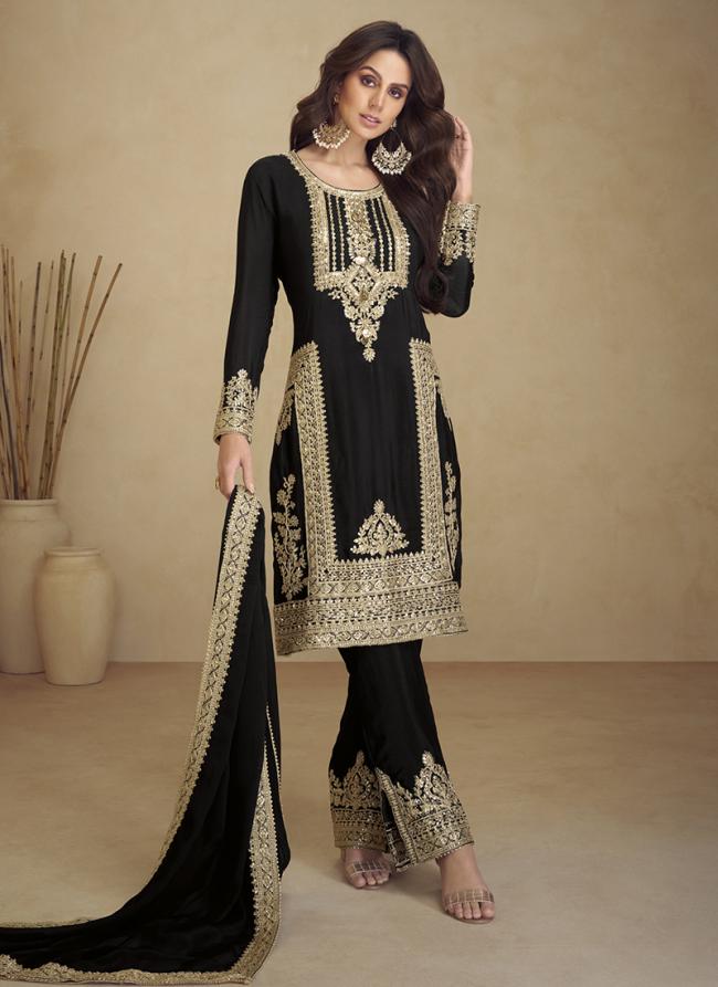 Georgette Black Party Wear Embroidery Work Straight Suit