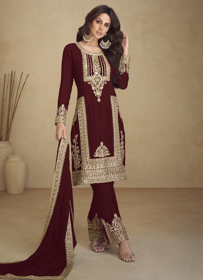 Georgette Maroon Party Wear Embroidery Work Straight Suit