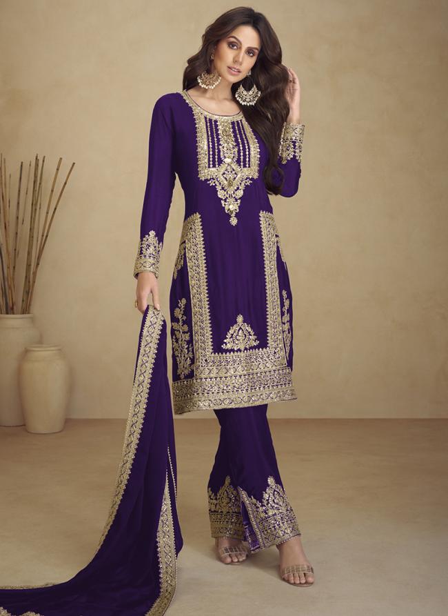 Georgette Purple Party Wear Embroidery Work Straight Suit