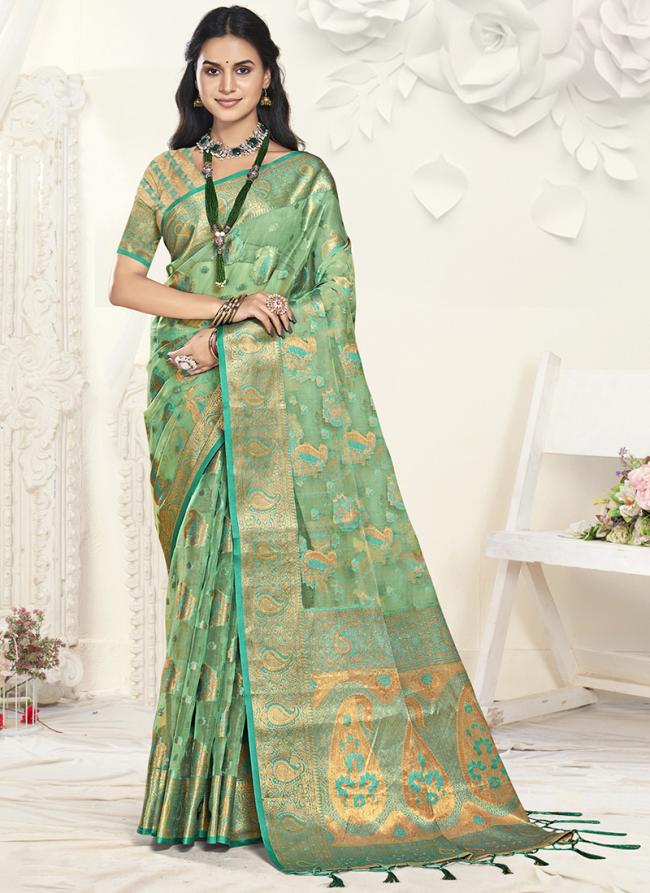 Organza Green Traditional Wear Weaving Saree