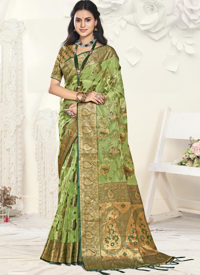 Organza Green Traditional Wear Weaving Saree