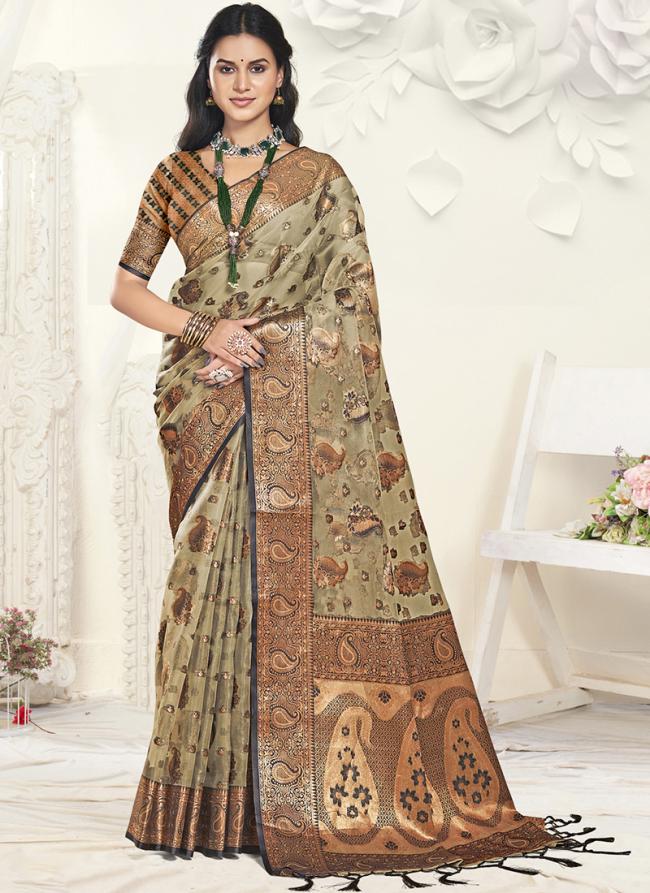 Organza Grey Traditional Wear Weaving Saree