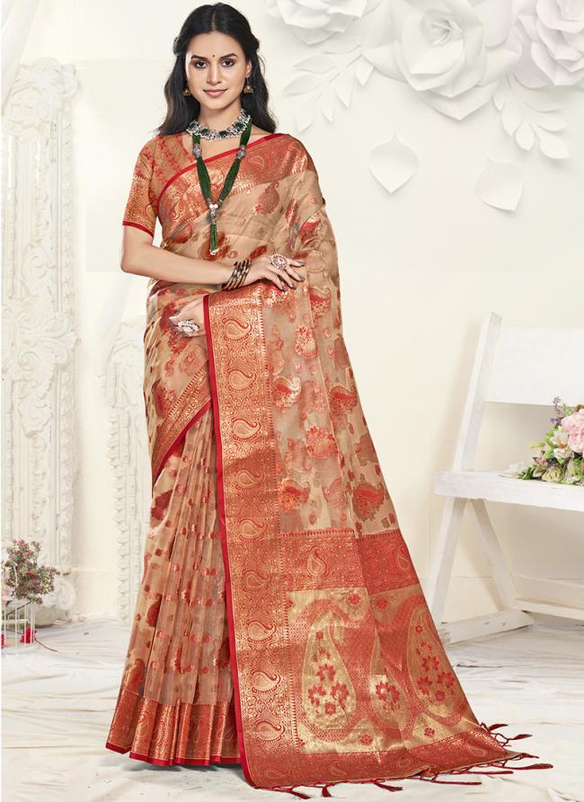 Organza Red Traditional Wear Weaving Saree