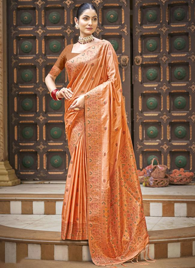 Silk Peach Festival Wear Weaving Saree