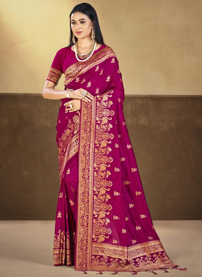 Silk Dark Pink Traditional Wear Zari Work Saree