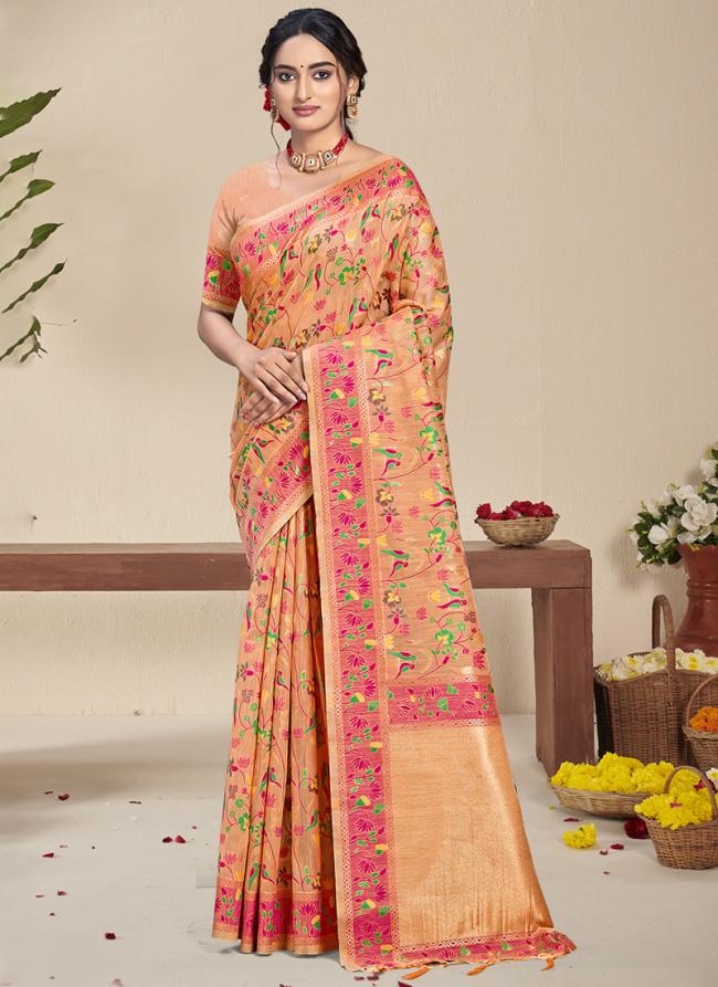 Silk Peach Festival Wear Printed Saree