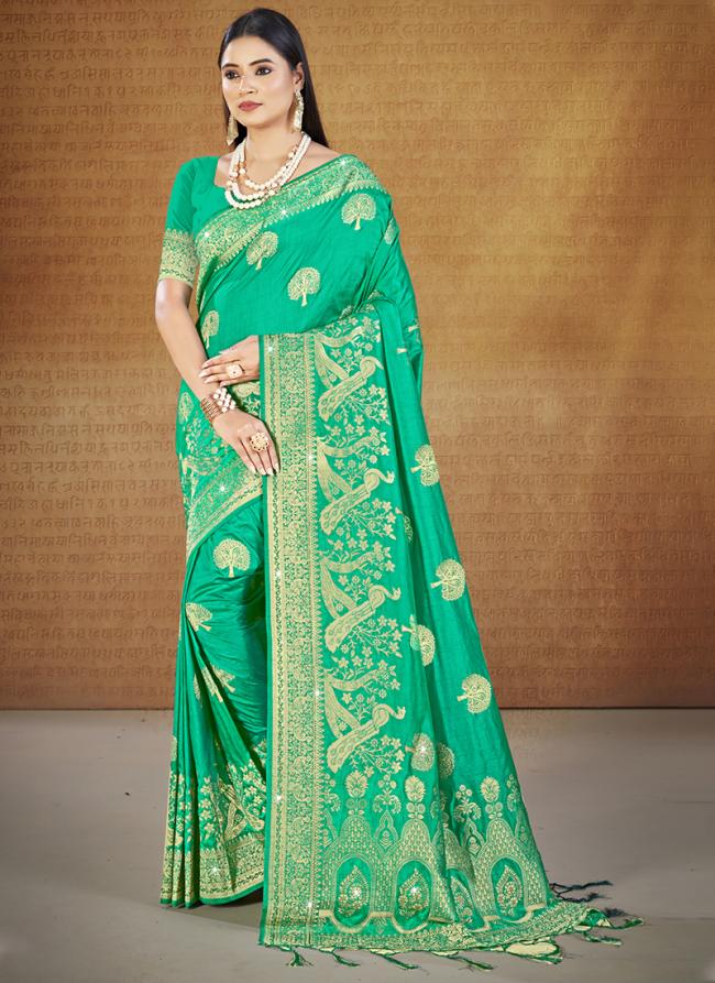 Silk Teal Festival Wear Zari Work Saree