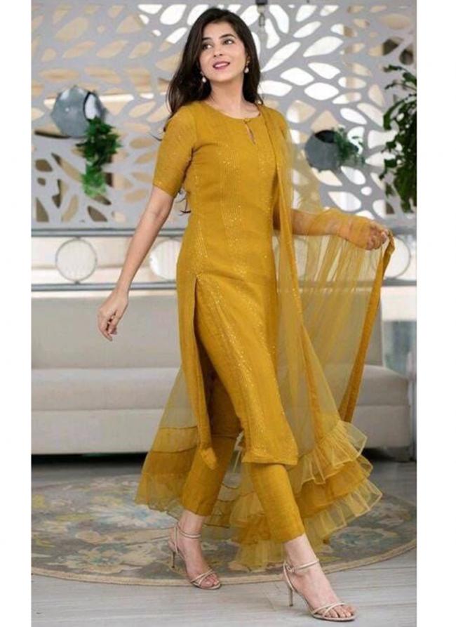 Rayon Yellow Casual Wear Embroidery Work Readymade Kurti Set