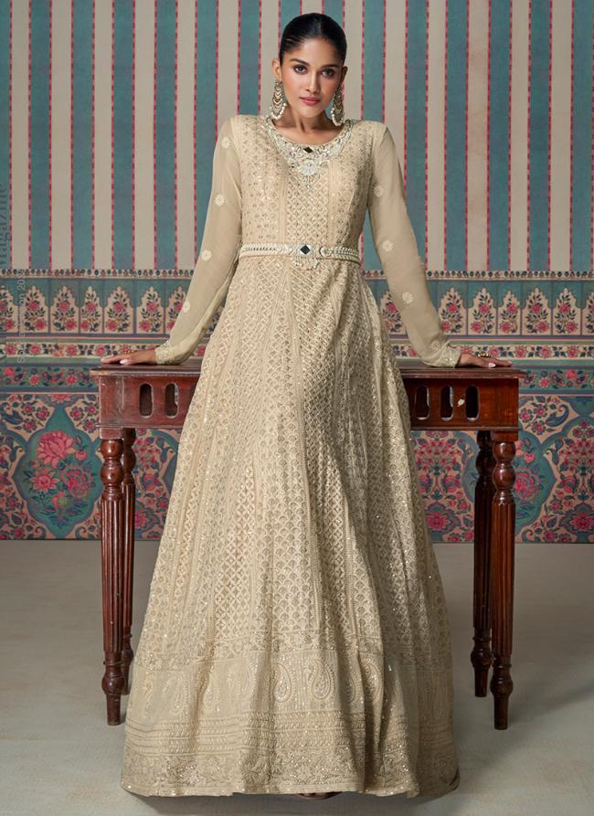 Georgette Beige Wedding Wear Chikankari Work Readymade Gown