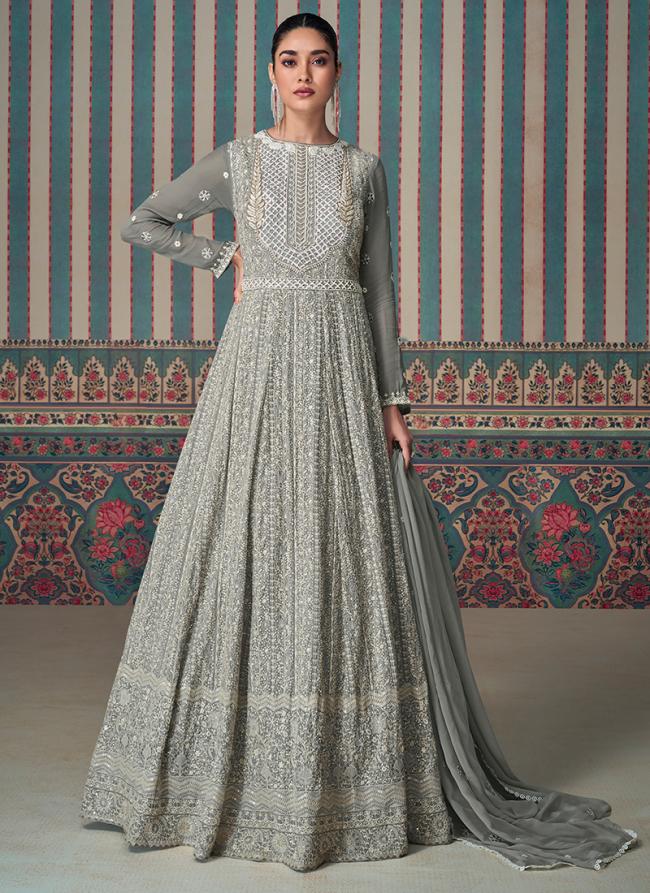 Georgette Grey Wedding Wear Chikankari Work Readymade Gown