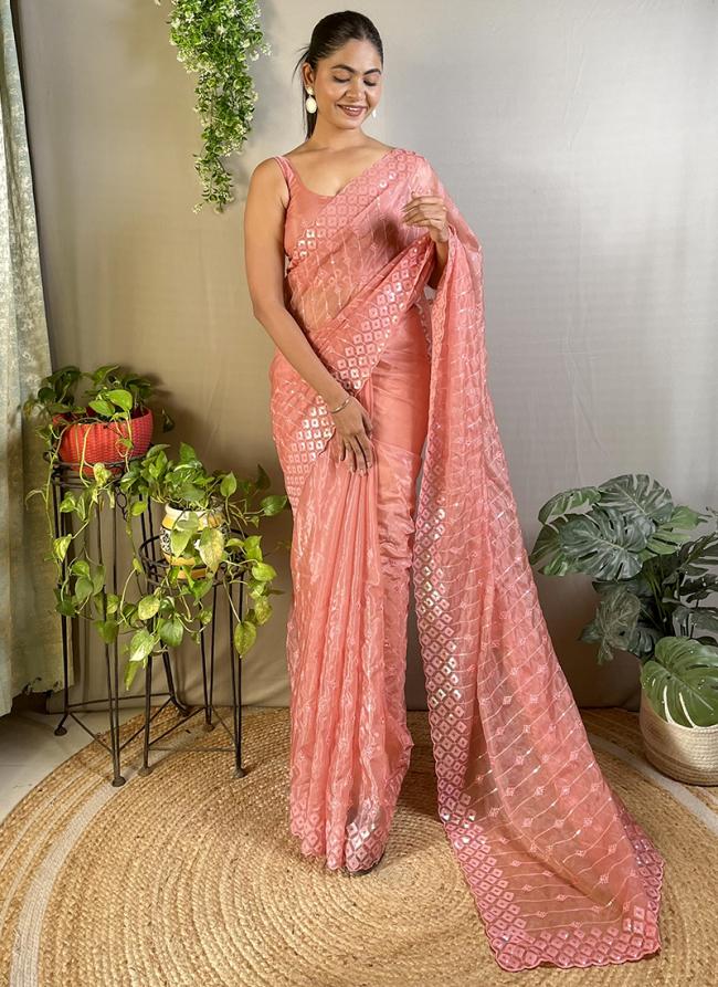 Crystal Silk Peach Party Wear Sequins Work Saree