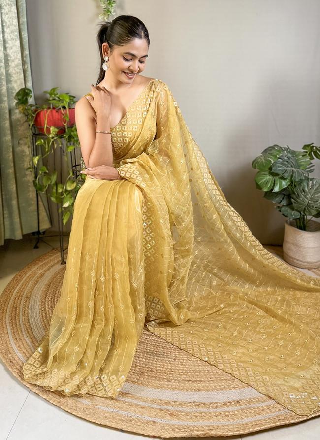 Crystal Silk Yellow Party Wear Sequins Work Saree