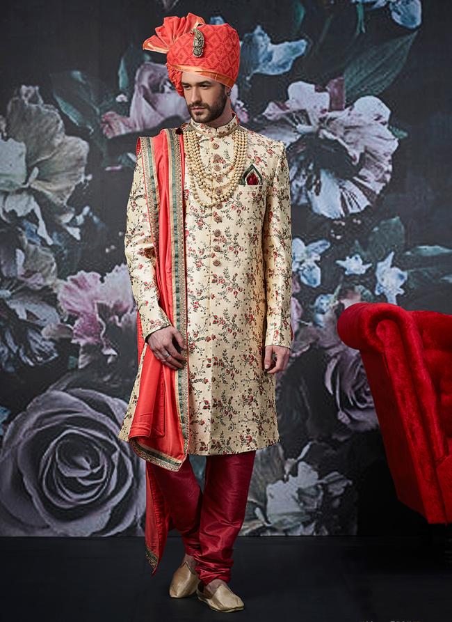 Beige Banarasi Silk Wedding Wear Embroidery Work Sherwani