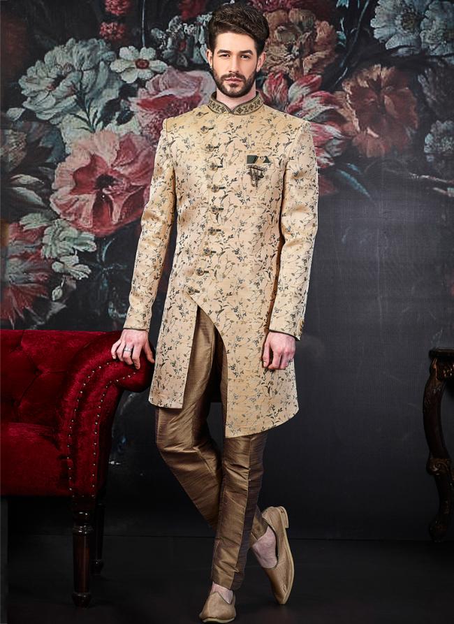 Beige Jacquard Wedding Wear Embroidery Work Indowestern Sherwani