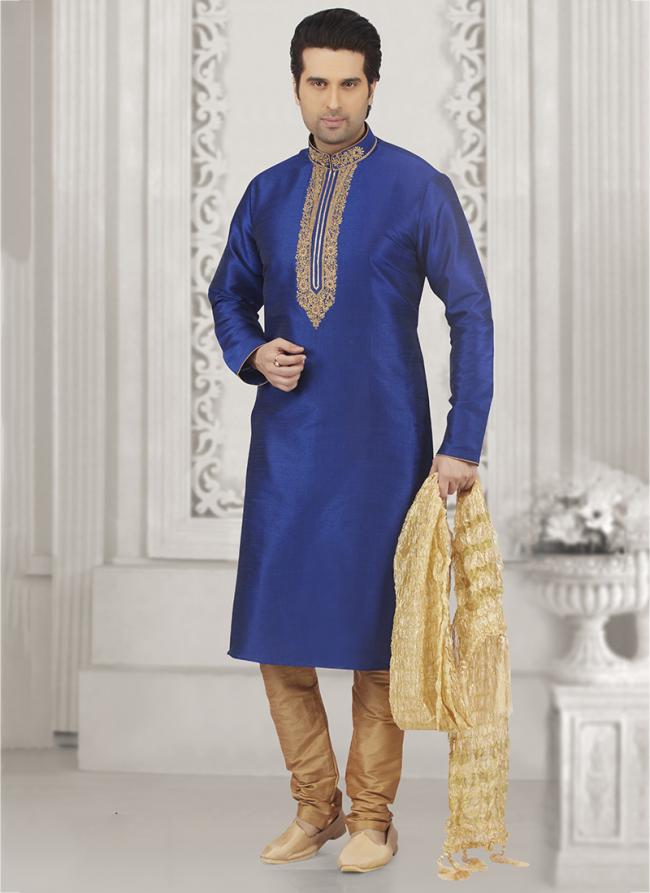 Buy Online Casual Wear Blue Banarasi Silk Embroidery Work Kurta Pajama