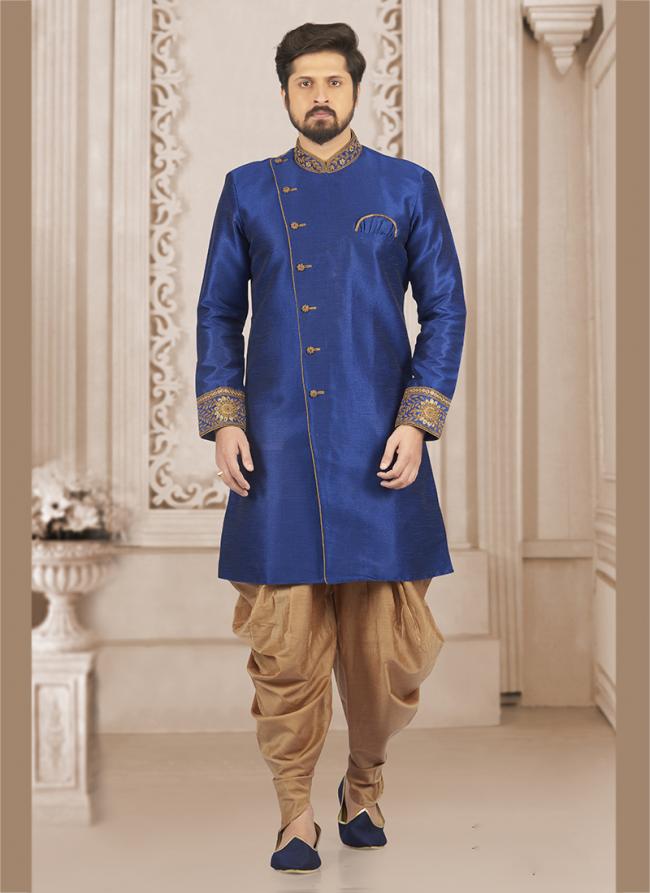 Blue Banarasi Silk Wedding Wear Embroidery Work Dhoti Kurta