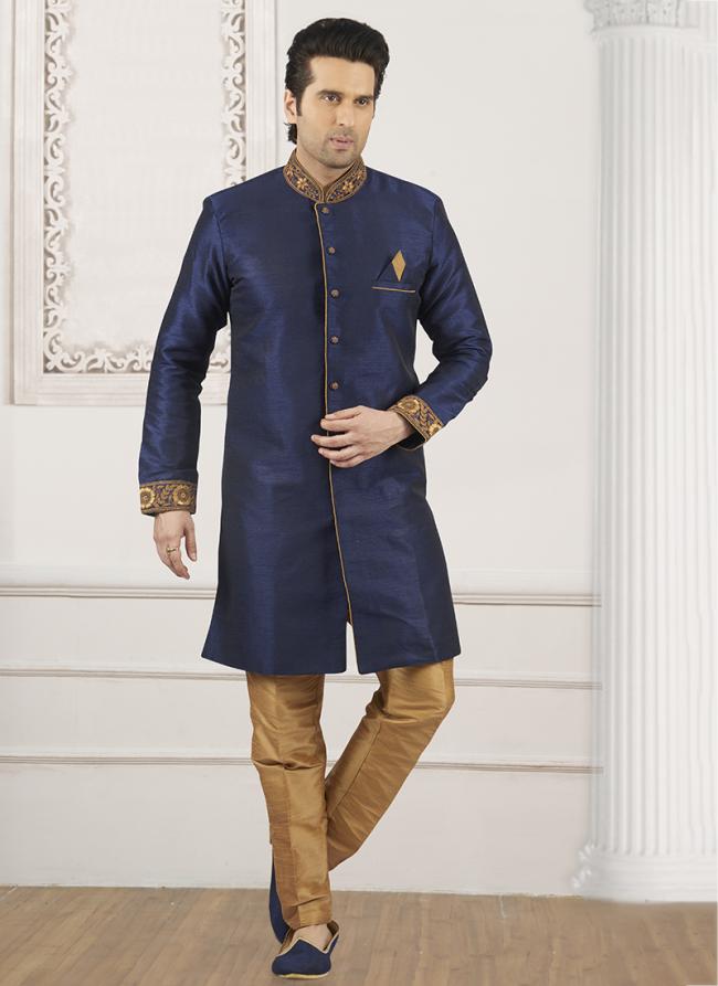 Online Indian Wedding Wear Blue Banarasi Silk Embroidery Work Kurta Pajama