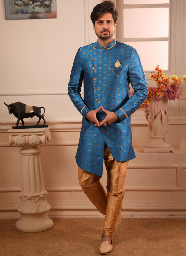 Indian Traditional Wear Blue Jacqaurd Weaving Indowestern