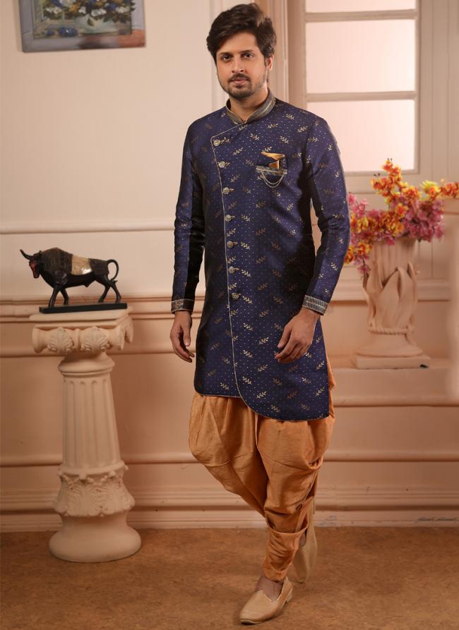 Imported Traditional Wear Blue Jacqaurd Weaving Indowestern