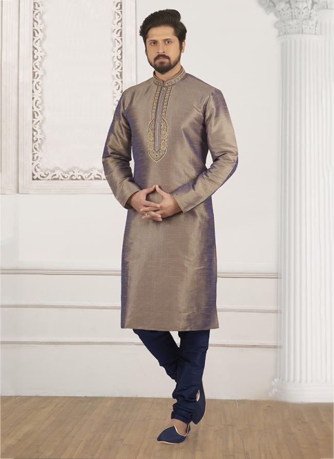 Brown Blue Banarasi Silk Casual Wear Embroidery Work Kurta Pajama