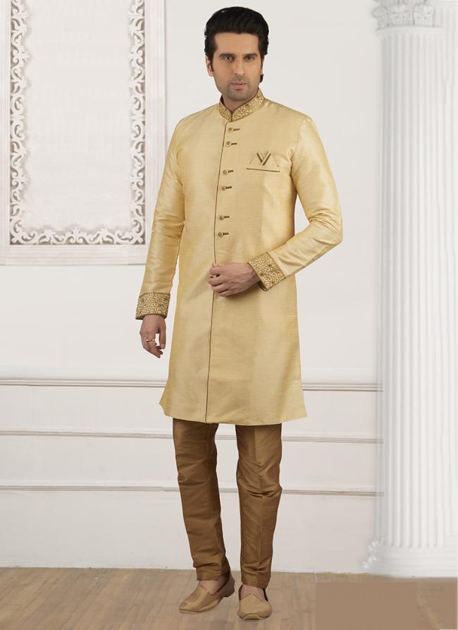 Golden Banarasi Silk Wedding Wear Embroidery Work Kurta Pajama