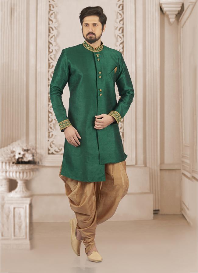 Green Banarasi Silk Wedding Wear Embroidery Work Dhoti Kurta