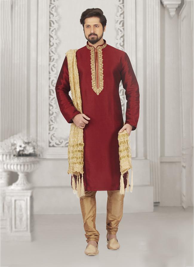 Party Wear Maroon Banarasi Silk Embroidery Work Kurta Pajama