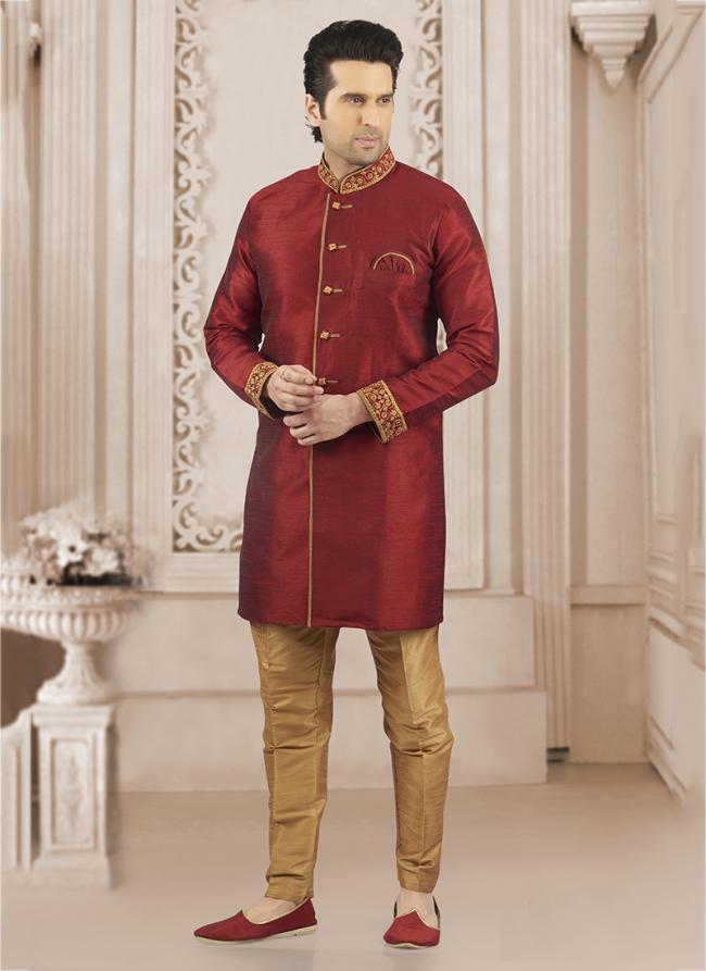 Maroon Banarasi Silk Wedding Wear Embroidery Work Kurta Pajama