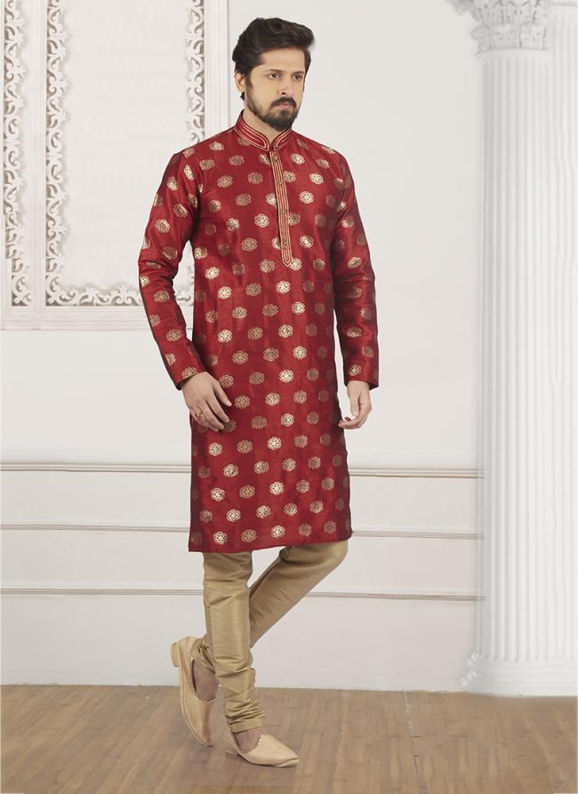 Maroon Jacqaurd Silk Wedding Wear Pintex Kurta Pajama