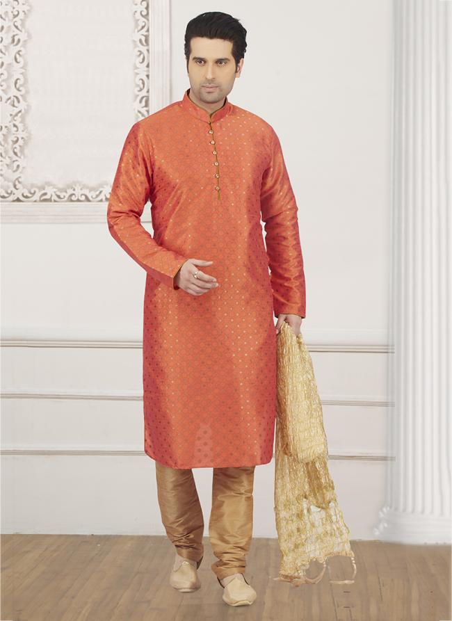 Orange Jacqaurd Silk Wedding Wear Pintex Kurta Pajama