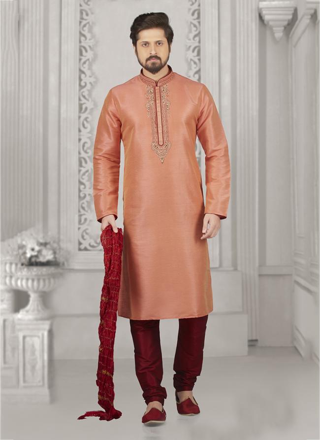 Embroidery Work Banarasi Silk Peach Party Wear Embroidery Work Kurta Pajama