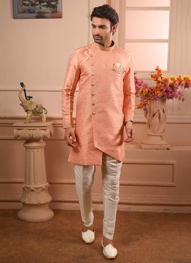 Peach Jacqaurd Wedding Wear Weaving Indowestern