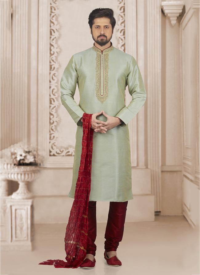 Pista Green Banarasi Silk Party Wear Embroidery Work Kurta Pajama