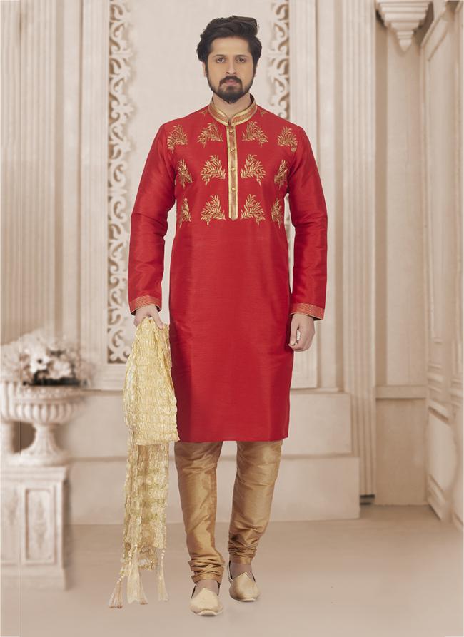 Red Banarasi Silk Embroidery Work Festival Wear Kurta Pajama