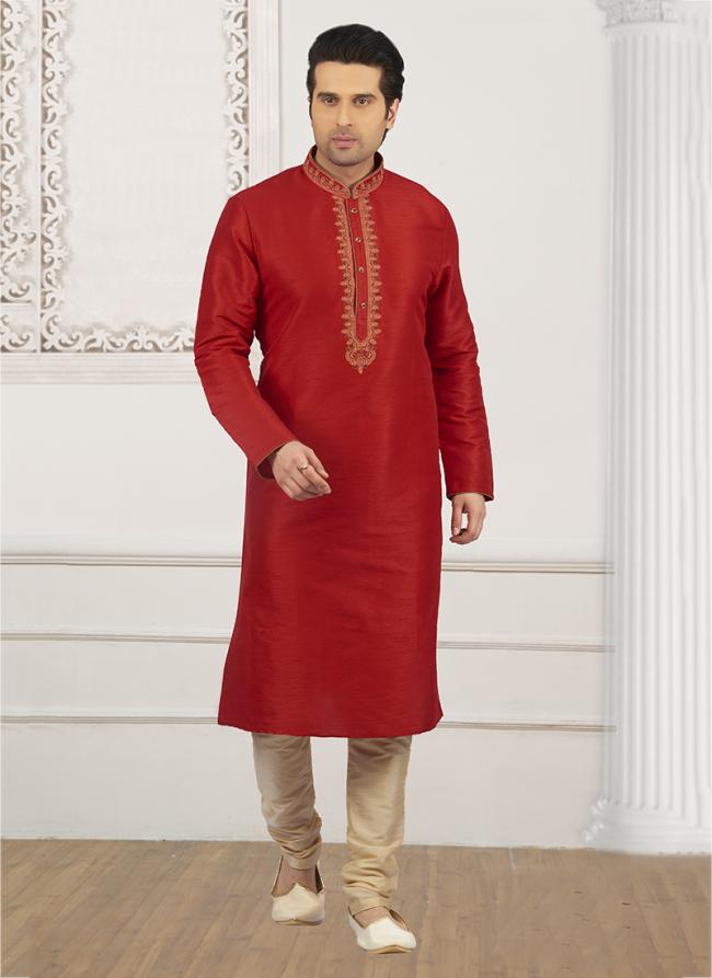 Banarasi Silk Red Festival Wear Embroidery Work Kurta Pajama