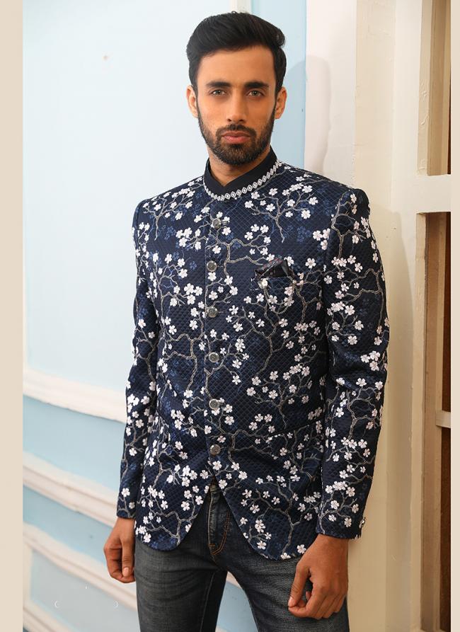 Navy Blue Wedding Wear Brocade Silk Printed Jodhpuri Jacket