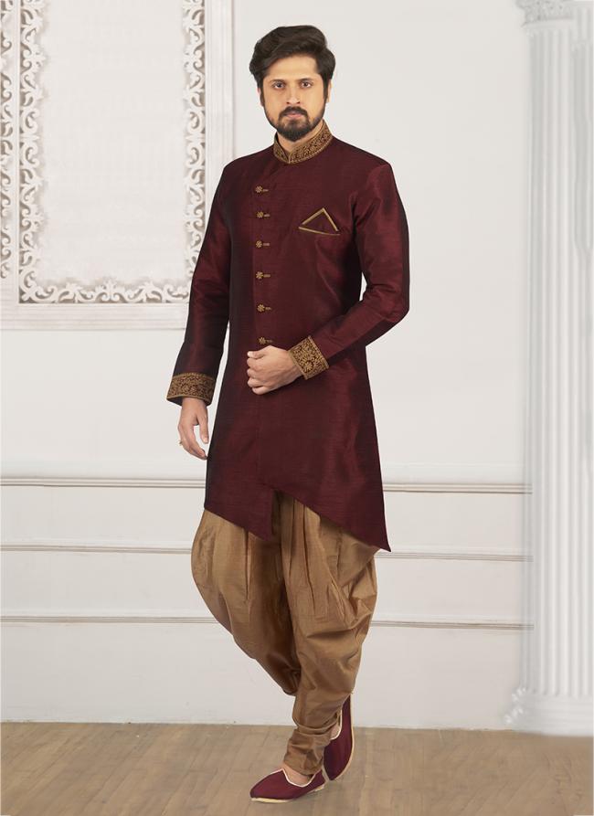 Wine Banarasi Silk Wedding Wear Embroidery Work Kurta Pajama